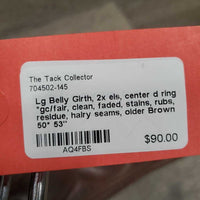 Lg Belly Girth, 2x els, center d ring *gc/fair, clean, faded, stains, rubs, residue, hairy seams, older
