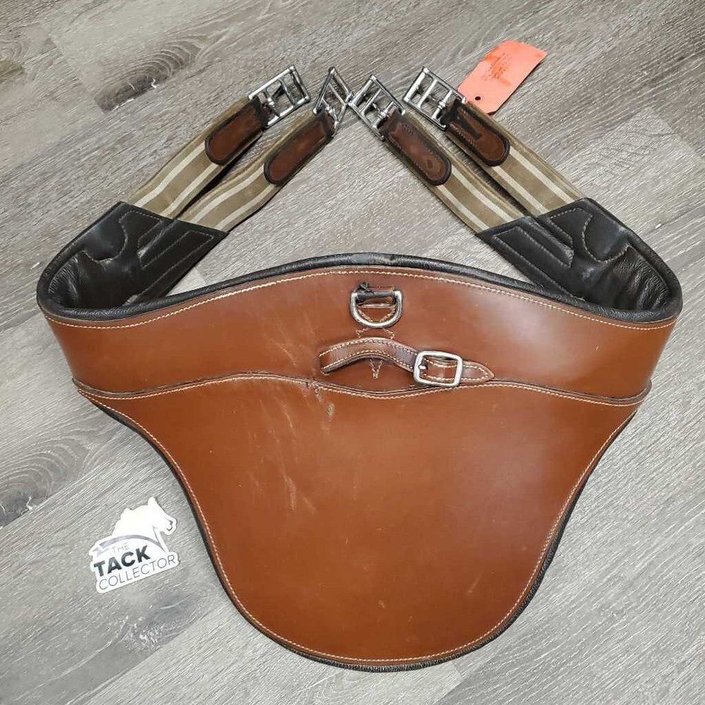 Lg Belly Girth, 2x els, center d ring & strap *gc/fair, scratches, rubs, scrapes, stretched strap, peeled d ring, clean, hairy seams