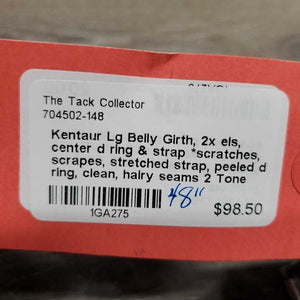 Lg Belly Girth, 2x els, center d ring & strap *gc/fair, scratches, rubs, scrapes, stretched strap, peeled d ring, clean, hairy seams