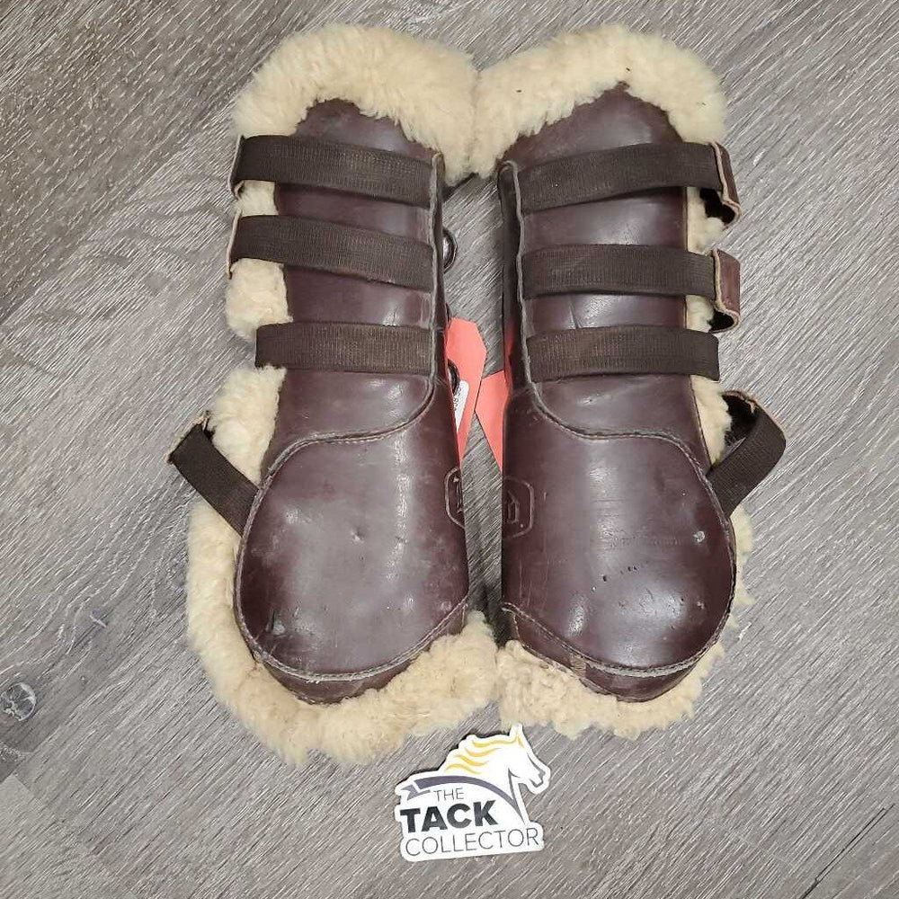 Open Front Leather & Sheepskin Boots, tabs *gc/fair, older, thin spots, clumpy, stains?dirt, scrapes, hairy