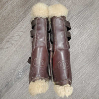 Open Front Leather & Sheepskin Boots, tabs *gc/fair, older, thin spots, clumpy, stains?dirt, scrapes, hairy
