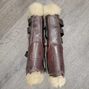 Open Front Leather & Sheepskin Boots, tabs *gc/fair, older, thin spots, clumpy, stains?dirt, scrapes, hairy