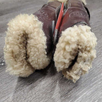 Open Front Leather & Sheepskin Boots, tabs *gc/fair, older, thin spots, clumpy, stains?dirt, scrapes, hairy
