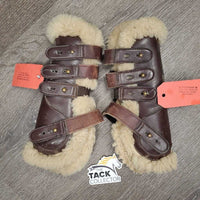 Open Front Leather & Sheepskin Boots, tabs *gc/fair, older, thin spots, clumpy, stains?dirt, scrapes, hairy
