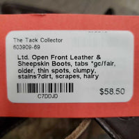Open Front Leather & Sheepskin Boots, tabs *gc/fair, older, thin spots, clumpy, stains?dirt, scrapes, hairy