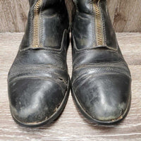 Pr Paddock Boots, zips *fair, cracked, big hole, loose soles, older, dirty, clumps inside, rubs, faded
