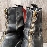 Pr Paddock Boots, zips *fair, cracked, big hole, loose soles, older, dirty, clumps inside, rubs, faded

