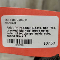 Pr Paddock Boots, zips *fair, cracked, big hole, loose soles, older, dirty, clumps inside, rubs, faded
