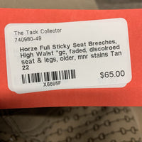 Full Sticky Seat Breeches, High Waist *gc, faded, discolroed seat & legs, older, mnr stains
