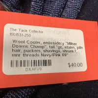Wool Cooler, embroidery "Milner Downs Champ", tail *gc, stains, pills hair, puckers, shavings, shrunk?, mnr threads
