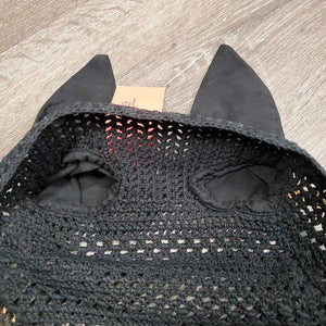 Crochet Ear Bonnet Fly Veil, piping *gc, faded, no string, curled, discolored, clean, puckered