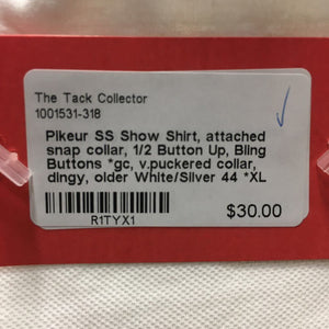 SS Show Shirt, attached snap collar, 1/2 Button Up, Bling Buttons *gc, v.puckered collar, dingy, older