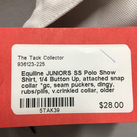 JUNIORS SS Polo Show Shirt, 1/4 Button Up, attached snap collar *gc, seam puckers, dingy, rubs/pills, v.crinkled collar, older
