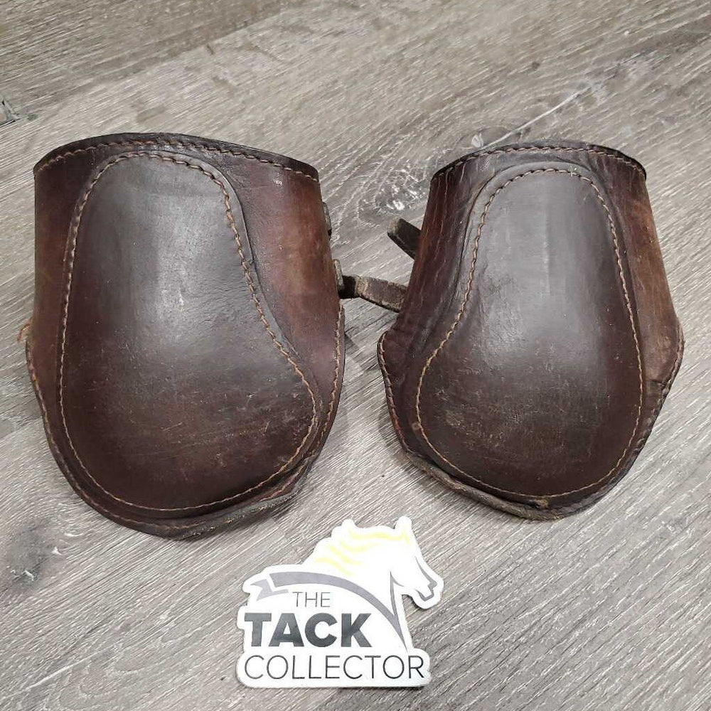 Leather Hind Boots, buckles *fair, clean, v.peeled & v.curled, loose stitching, scrapes, rubs, scratches