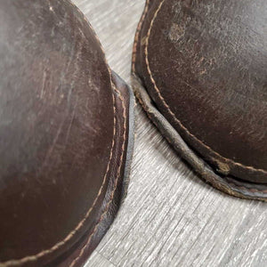 Leather Hind Boots, buckles *fair, clean, v.peeled & v.curled, loose stitching, scrapes, rubs, scratches