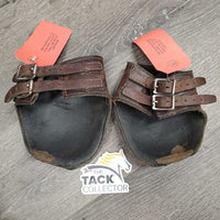 Leather Hind Boots, buckles *fair, clean, v.peeled & v.curled, loose stitching, scrapes, rubs, scratches
