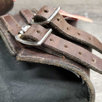 Leather Hind Boots, buckles *fair, clean, v.peeled & v.curled, loose stitching, scrapes, rubs, scratches
