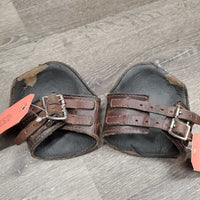 Leather Hind Boots, buckles *fair, clean, v.peeled & v.curled, loose stitching, scrapes, rubs, scratches
