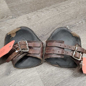 Leather Hind Boots, buckles *fair, clean, v.peeled & v.curled, loose stitching, scrapes, rubs, scratches