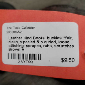 Leather Hind Boots, buckles *fair, clean, v.peeled & v.curled, loose stitching, scrapes, rubs, scratches