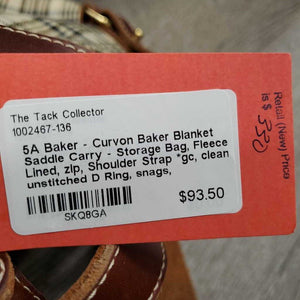 Baker Blanket Saddle Carry - Storage Bag, Fleece Lined, zip, Shoulder Strap *gc, clean, unstitched D Ring, snags, rubbed/thin edges, older