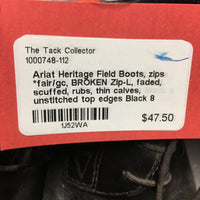 Field Boots, zips *fair/gc, BROKEN Zip-L, faded, scuffed, rubs, thin calves, unstitched top edges
