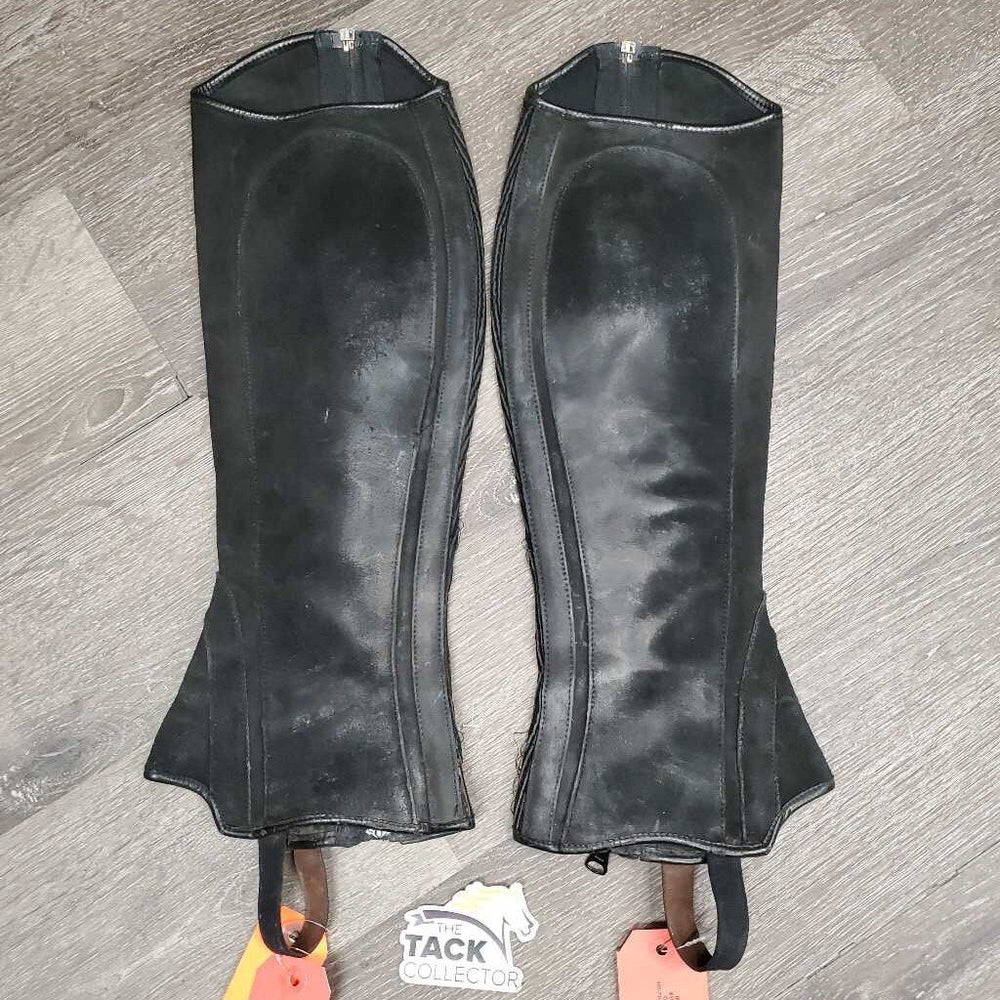 Suede Half Chaps *gc/fair, older, rubs, undone stitching, faded, stains, pilly, gunky inside
