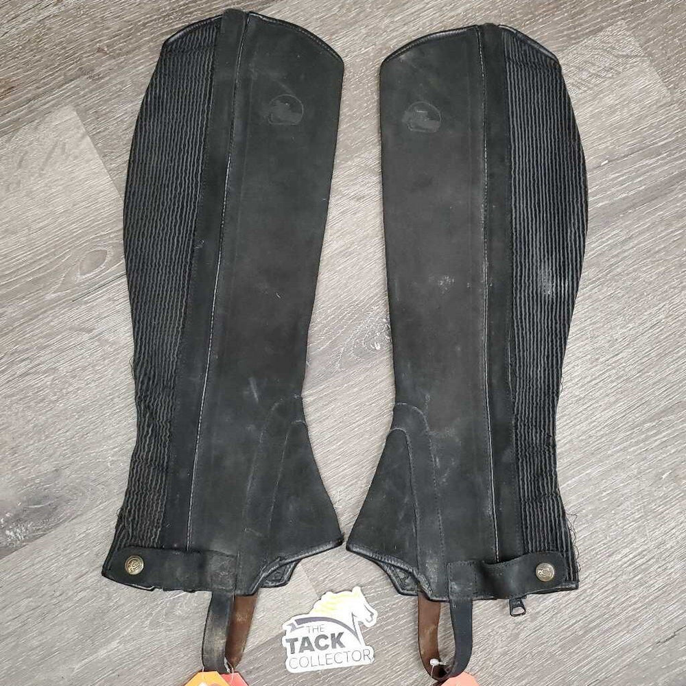 Suede Half Chaps *gc/fair, older, rubs, undone stitching, faded, stains, pilly, gunky inside