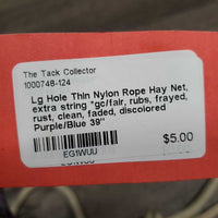 Lg Hole Thin Nylon Rope Hay Net, extra string *gc/fair, rubs, frayed, rust, clean, faded, discolored

