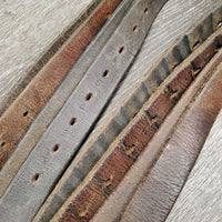 Pr Thick Soft Stirrup Leathers *REPURPOSE USE ONLY *fair, MISSING Buckle & v.loose stitching, xholes, rubs, faded

