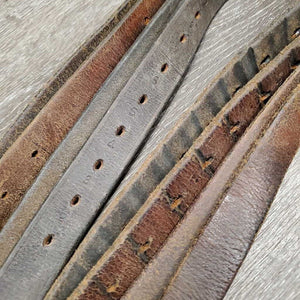 Pr Thick Soft Stirrup Leathers *REPURPOSE USE ONLY *fair, MISSING Buckle & v.loose stitching, xholes, rubs, faded