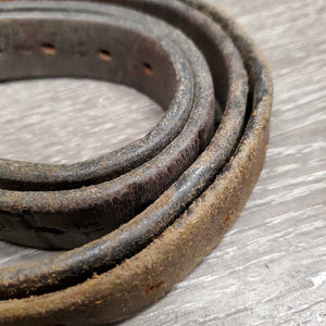 Pr Thick Soft Stirrup Leathers *REPURPOSE USE ONLY *fair, MISSING Buckle & v.loose stitching, xholes, rubs, faded