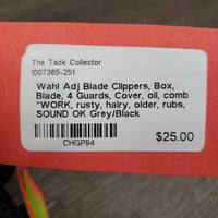 Adj Blade Clippers, Box, Blade, 4 Guards, Cover, oil, comb *WORK, rusty, hairy, older, rubs, SOUND OK

