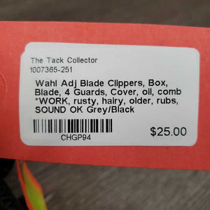 Adj Blade Clippers, Box, Blade, 4 Guards, Cover, oil, comb *WORK, rusty, hairy, older, rubs, SOUND OK