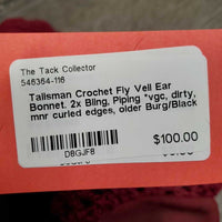 Crochet Fly Veil Ear Bonnet. 2x Bling, Piping *vgc, dirty, mnr curled edges, older
