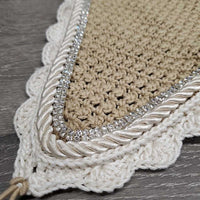 Long Crochet Fly Veil Ear Bonnet, 2x Bling, Piping, elastic tie *vgc, mnr dirt & stains
