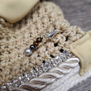 Long Crochet Fly Veil Ear Bonnet, 2x Bling, Piping, elastic tie *vgc, mnr dirt & stains