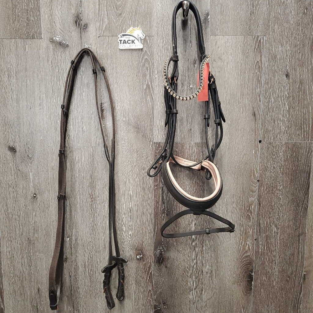 Monocrown Rsd/Padded Bridle, Flash, Bling Brow, Cotton Web Reins *vgc/gc, dirt, edge scrapes, scratches, stiff, rubs, creases