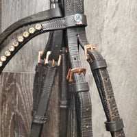 Monocrown Rsd/Padded Bridle, Flash, Bling Brow, Cotton Web Reins *vgc/gc, dirt, edge scrapes, scratches, stiff, rubs, creases
