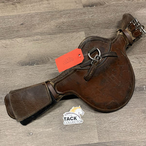 Padded Small Belly Dressage Girth, 2x els, D Ring, center Strap *fair, clean, dry, cracked edges & lining, stains, faded, stiff, hairy seams, curled keeper edges, scrapes, weak velcro, threads