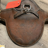 Padded Small Belly Dressage - Short Girth, 2x els, D Ring, center Strap *fair, clean, dry, cracked edges & lining, stains, faded, stiff, hairy seams, curled keeper edges, scrapes, weak velcro, threads
