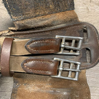 Padded Small Belly Dressage Girth, 2x els, D Ring, center Strap *fair, clean, dry, cracked edges & lining, stains, faded, stiff, hairy seams, curled keeper edges, scrapes, weak velcro, threads
