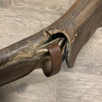 Padded Small Belly Dressage - Short Girth, 2x els, D Ring, center Strap *fair, clean, dry, cracked edges & lining, stains, faded, stiff, hairy seams, curled keeper edges, scrapes, weak velcro, threads
