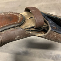 Padded Small Belly Dressage - Short Girth, 2x els, D Ring, center Strap *fair, clean, dry, cracked edges & lining, stains, faded, stiff, hairy seams, curled keeper edges, scrapes, weak velcro, threads
