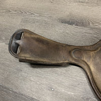 Padded Small Belly Dressage Girth, 2x els, D Ring, center Strap *fair, clean, dry, cracked edges & lining, stains, faded, stiff, hairy seams, curled keeper edges, scrapes, weak velcro, threads
