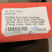 Padded Small Belly Dressage Girth, 2x els, D Ring, center Strap *fair, clean, dry, cracked edges & lining, stains, faded, stiff, hairy seams, curled keeper edges, scrapes, weak velcro, threads
