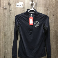 LS Sun Shirt, mesh sleeves, 1/2 Zip Up "K&S Elite Sport Horses" *gc, mnr snags, faded, puckers
