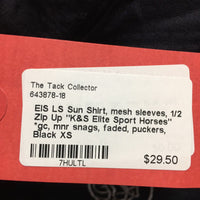 LS Sun Shirt, mesh sleeves, 1/2 Zip Up "K&S Elite Sport Horses" *gc, mnr snags, faded, puckers
