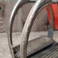 Pr Stirrup Irons, mismatched grips *fair, residue, oxidized, older, bubbled, rust
