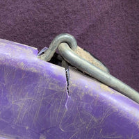 Flat Back Plastic Bucket *gc, dirty, scuffed, scratched, chewed, v.stuck handle, CRACKED
